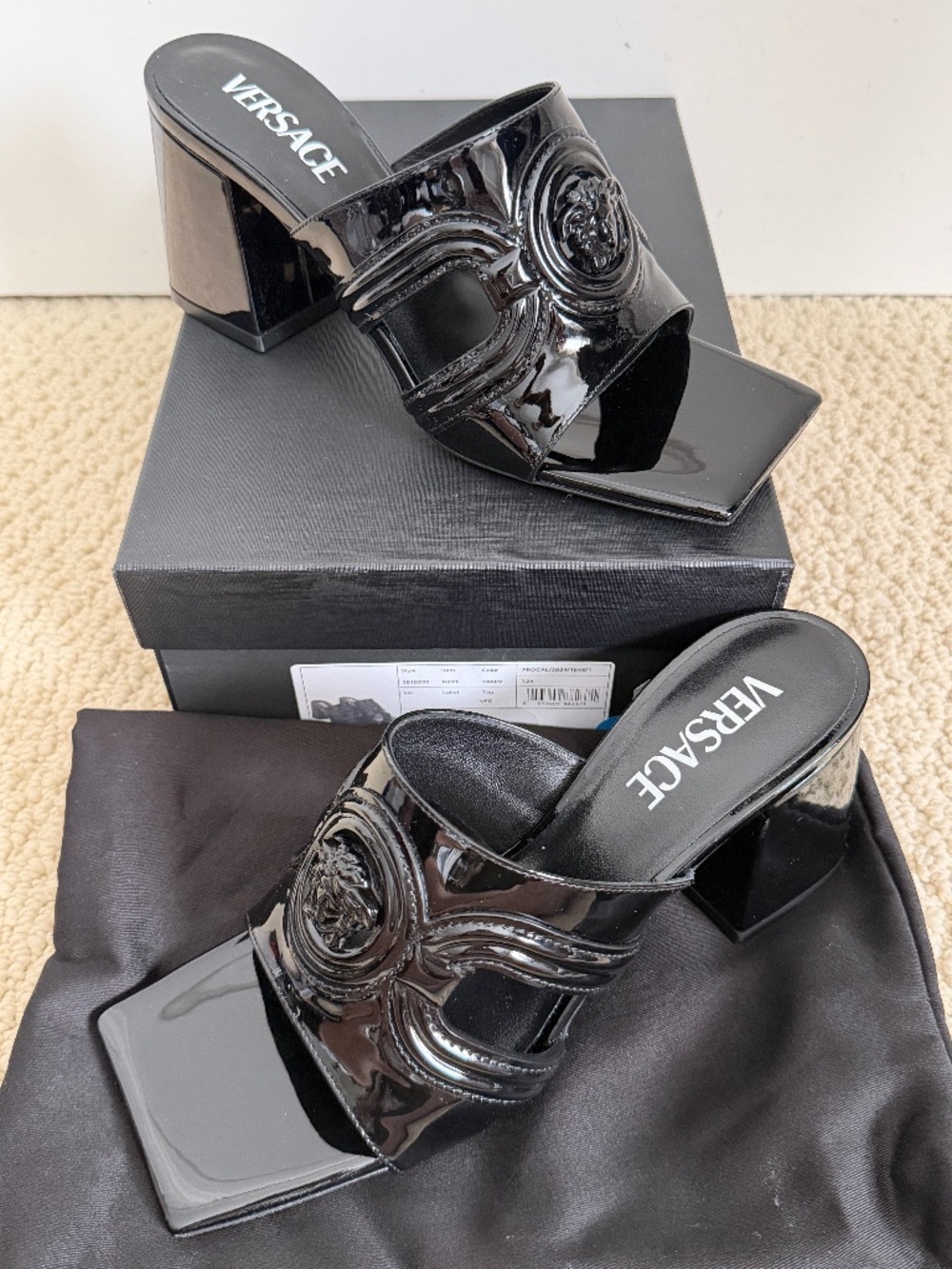 Versace Tribute Medusa 95 Logo Black Patent Leather Open Toe Mule Pumps